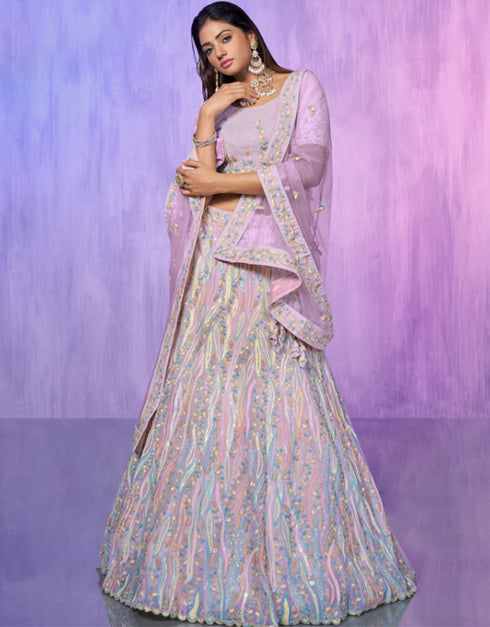 Designer Wedding Wear Heavy Lehenga Choli Collection Lavender Organza Lehenga Choli Front View